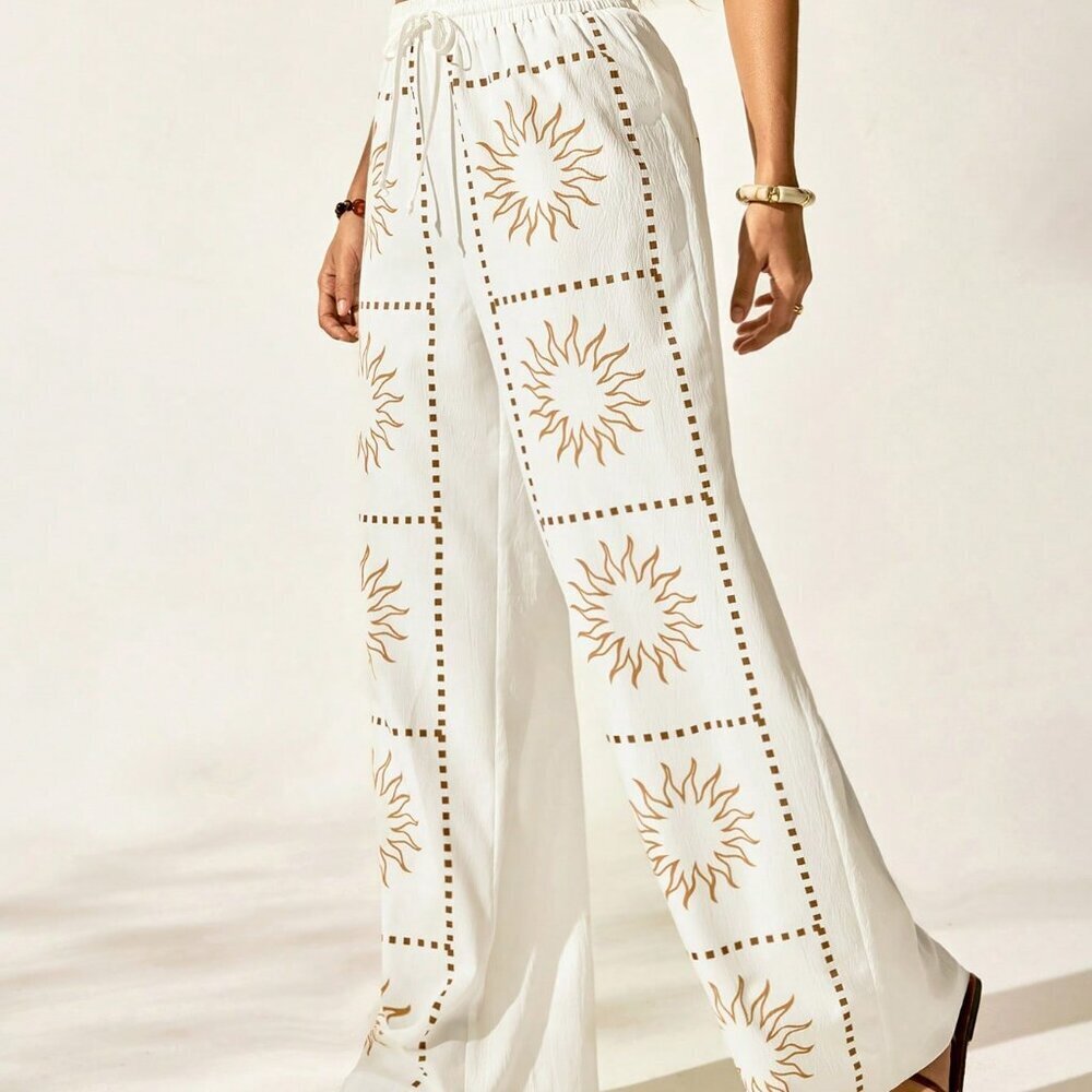 Apricot Casual Women's Bohemian Style Vacation Pattern Elastic Waist Drawstring - Picture 4 of 8